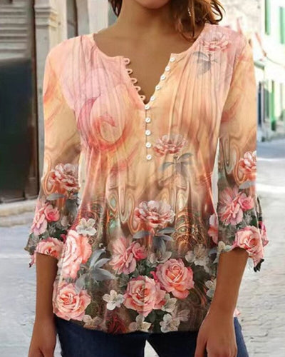 Charlotte | Dames henleyblouse met bloemendessin, lange mouwen en relaxed fit