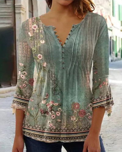 Charlotte | Dames henleyblouse met bloemendessin, lange mouwen en relaxed fit