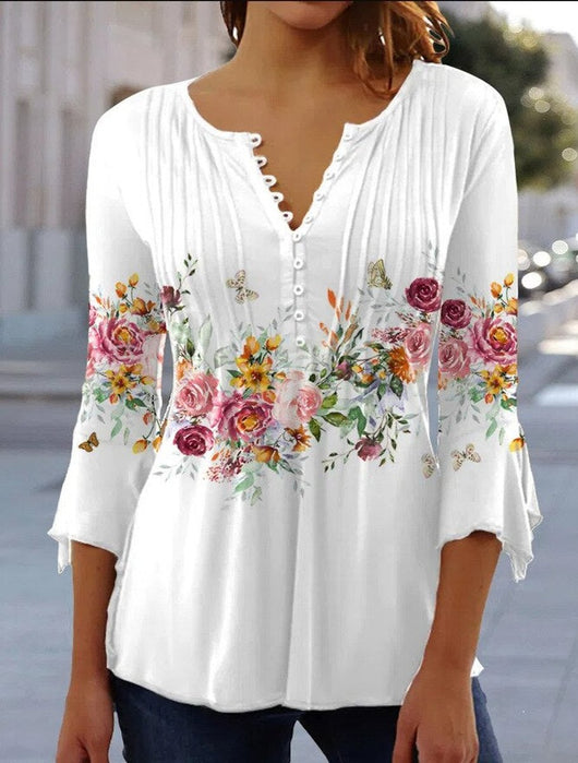 Charlotte | Dames henleyblouse met bloemendessin, lange mouwen en relaxed fit