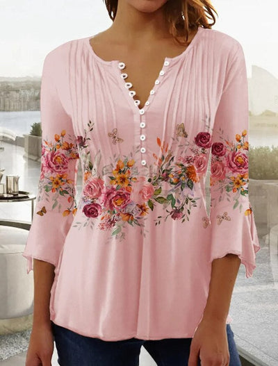 Charlotte | Dames henleyblouse met bloemendessin, lange mouwen en relaxed fit
