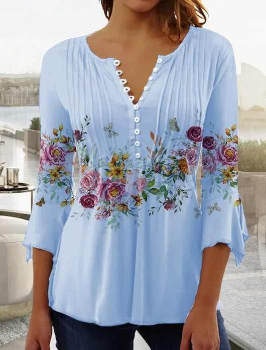 Charlotte | Dames henleyblouse met bloemendessin, lange mouwen en relaxed fit