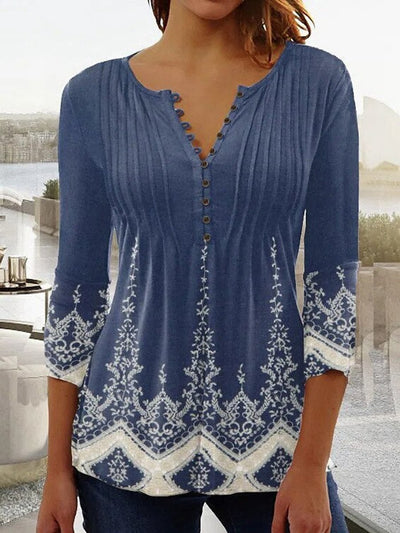 Charlotte | Dames henleyblouse met bloemendessin, lange mouwen en relaxed fit