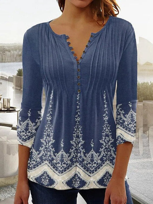 Charlotte | Dames henleyblouse met bloemendessin, lange mouwen en relaxed fit