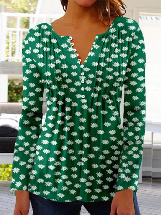 Charlotte | Dames henleyblouse met bloemendessin, lange mouwen en relaxed fit