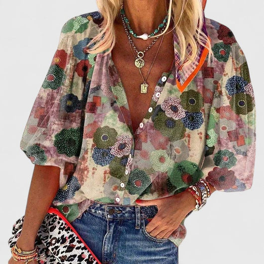 Annika | Dames blouse met bloemenprint, V-hals en lange mouwen