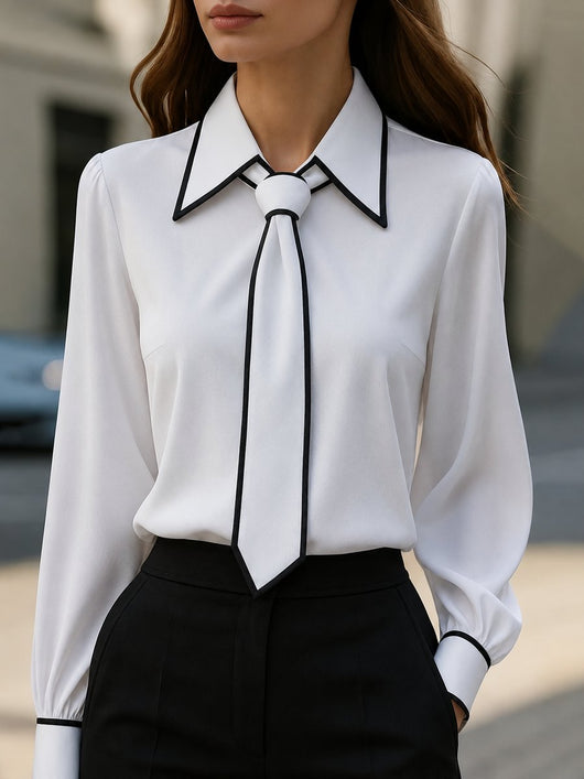 Frieda | Dames blouse met afneembare stropdas, contrastbies en knoopsluiting