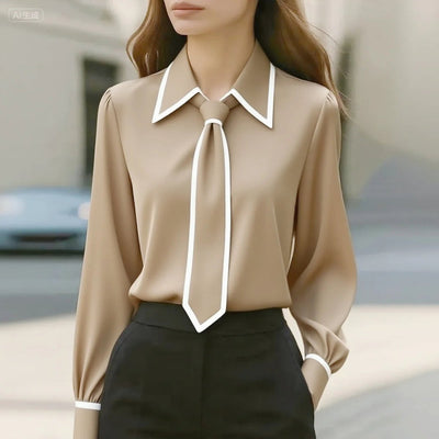 Frieda | Dames blouse met afneembare stropdas, contrastbies en knoopsluiting