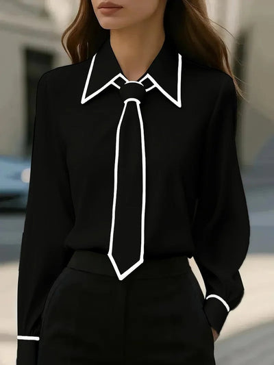 Frieda | Dames blouse met afneembare stropdas, contrastbies en knoopsluiting