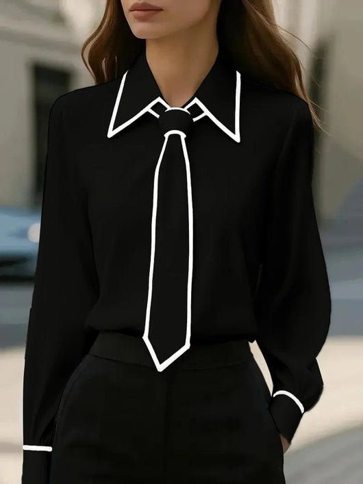 Frieda | Dames blouse met afneembare stropdas, contrastbies en knoopsluiting