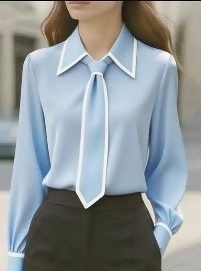 Frieda | Dames blouse met afneembare stropdas, contrastbies en knoopsluiting