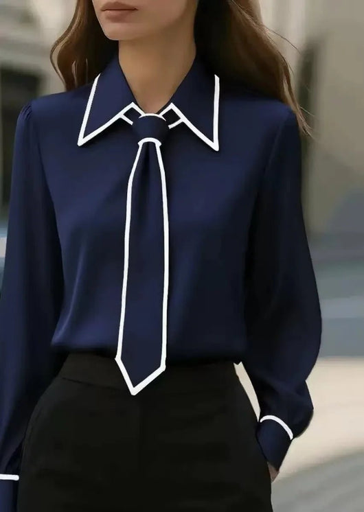 Frieda | Dames blouse met afneembare stropdas, contrastbies en knoopsluiting