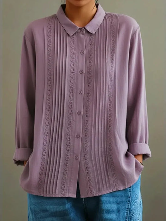 Charlotte | Dames blouse met lange mouwen, kanten bies en stolpplooien voor
