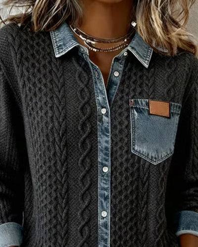 Sophie | Dames gebreide blouse met kabelpatroon, denim-patchwork en knoopsluiting