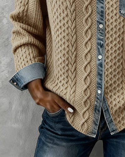 Sophie | Dames gebreide blouse met kabelpatroon, denim-patchwork en knoopsluiting