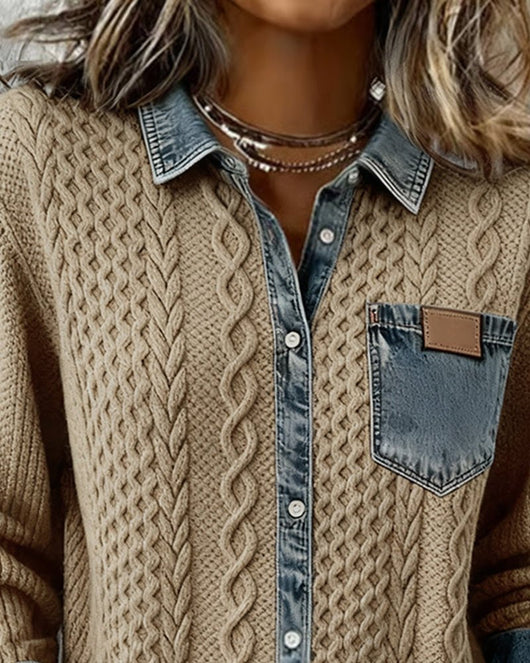 Sophie | Dames gebreide blouse met kabelpatroon, denim-patchwork en knoopsluiting