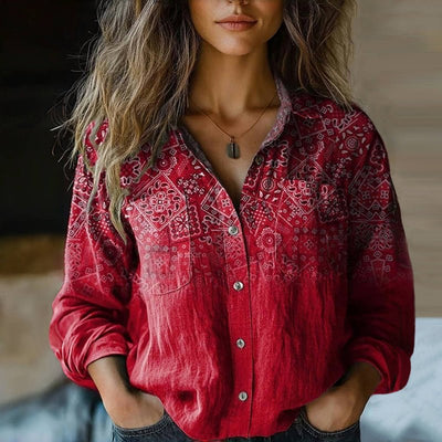 Sophie | Dames vintage bohoblouse met paisleyprint, lange mouwen en knoopsluiting