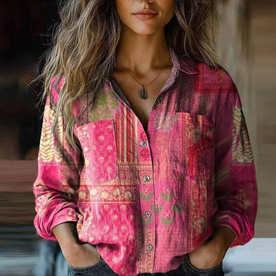 Sophie | Dames vintage bohoblouse met paisleyprint, lange mouwen en knoopsluiting