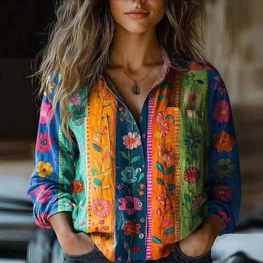 Sophie | Dames vintage bohoblouse met paisleyprint, lange mouwen en knoopsluiting
