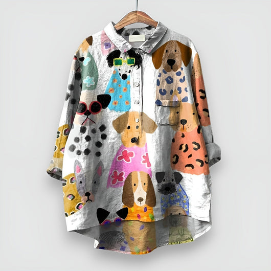 Luisa | Dames blouse met lange mouwen en hondenprint
