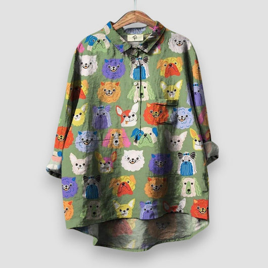 Luisa | Dames blouse met lange mouwen en hondenprint