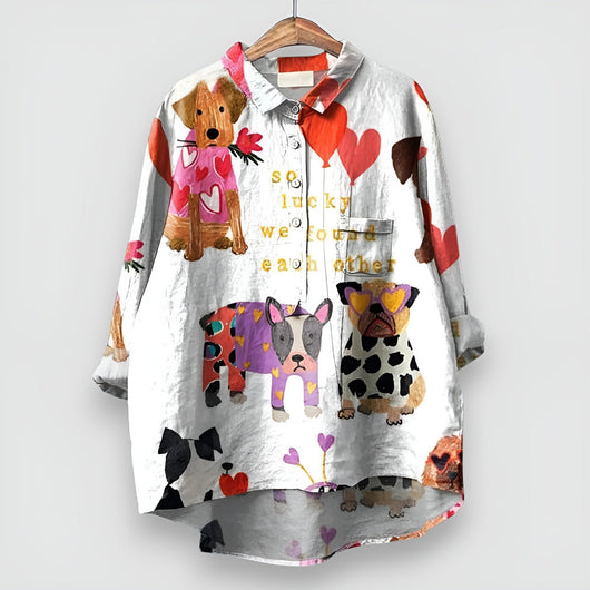Luisa | Dames blouse met lange mouwen en hondenprint