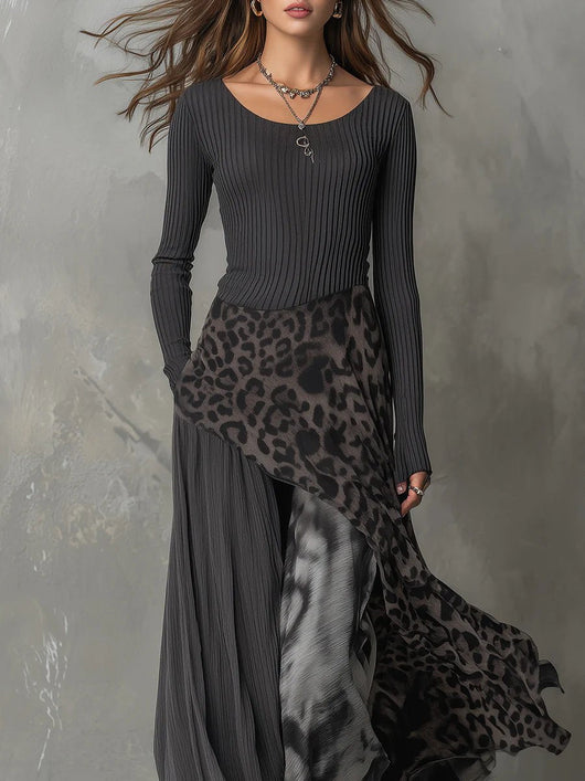 Amelie | Dames maxijurk met lange mouwen, luipaardprint en asymmetrische zoom