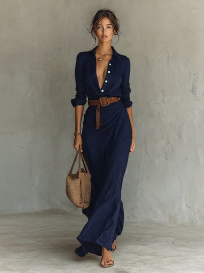 Katharina | Getailleerde dames maxi blousejurk met ceintuur