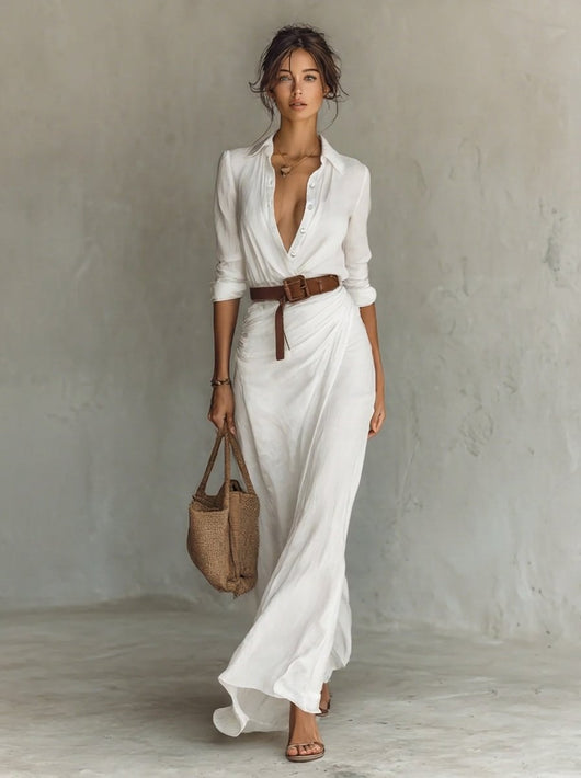 Katharina | Getailleerde dames maxi blousejurk met ceintuur