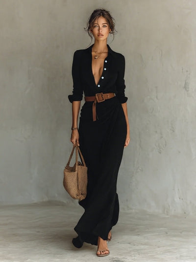 Katharina | Getailleerde dames maxi blousejurk met ceintuur