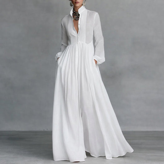 Sophie | Vloeiende dames maxi blousejurk met opstaande kraag