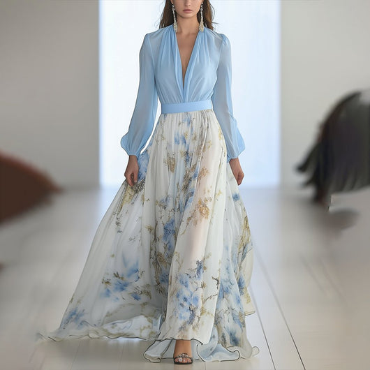 Marlene | Dames maxijurk van chiffon met bloemendessin en diepe V-hals