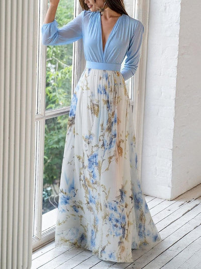 Marlene | Dames maxijurk van chiffon met bloemendessin en diepe V-hals