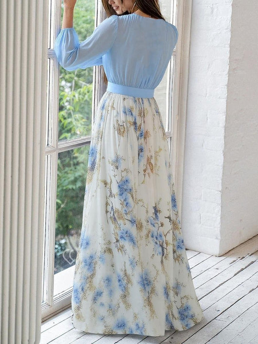 Marlene | Dames maxijurk van chiffon met bloemendessin en diepe V-hals