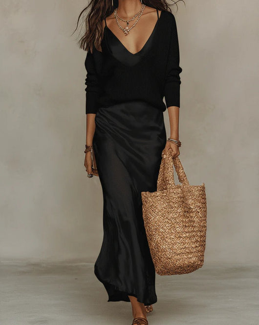 Johanna | Dames midijurk van satijn met bijpassende gebreide trui