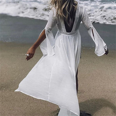 Marlene | Dames maxituniek met open rug en lange mouwen als strandjurk