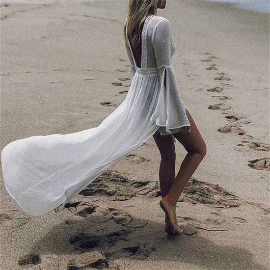 Marlene | Dames maxituniek met open rug en lange mouwen als strandjurk