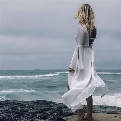Marlene | Dames maxituniek met open rug en lange mouwen als strandjurk