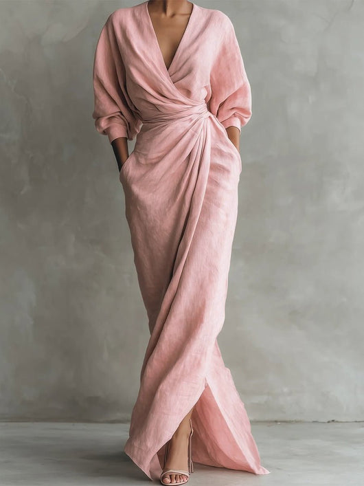 Hannah | Elegante dames maxi-wikkeljurk met V-hals en lange mouwen