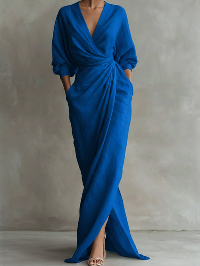 Hannah | Elegante dames maxi-wikkeljurk met V-hals en lange mouwen