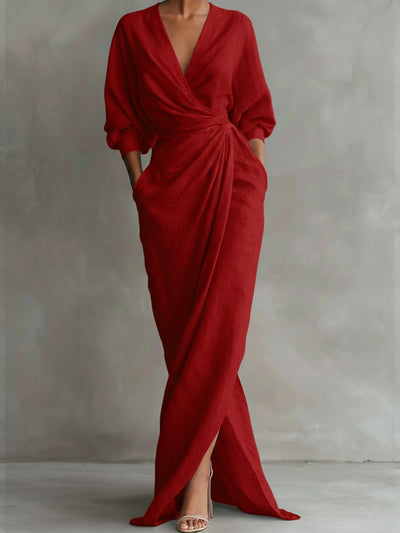 Hannah | Elegante dames maxi-wikkeljurk met V-hals en lange mouwen