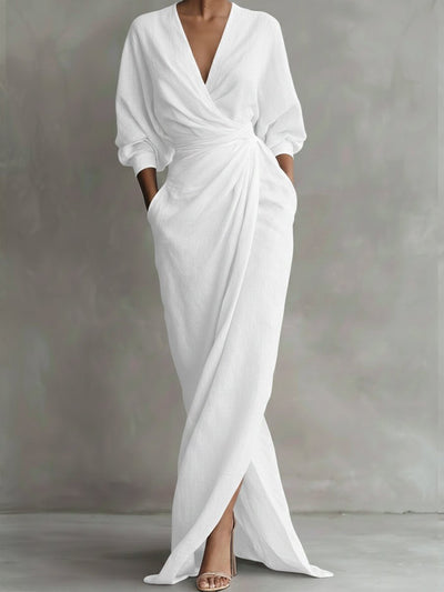 Hannah | Elegante dames maxi-wikkeljurk met V-hals en lange mouwen