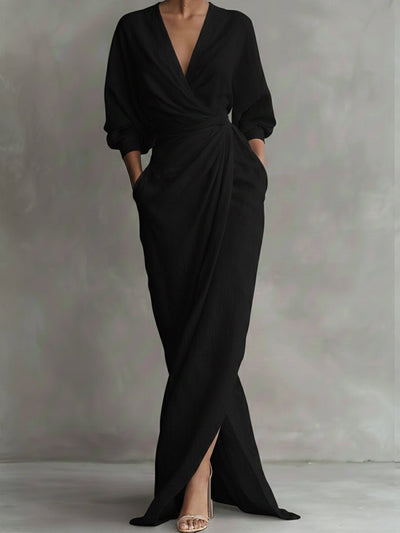 Hannah | Elegante dames maxi-wikkeljurk met V-hals en lange mouwen