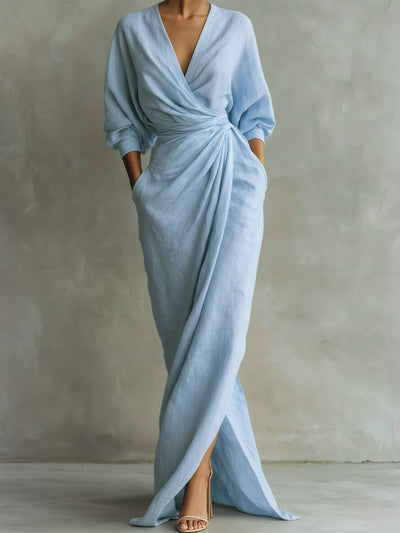 Hannah | Elegante dames maxi-wikkeljurk met V-hals en lange mouwen