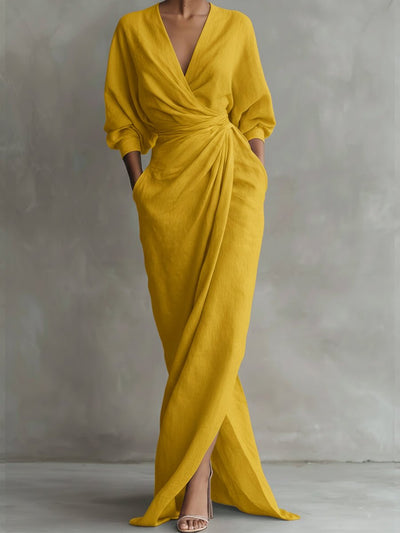 Hannah | Elegante dames maxi-wikkeljurk met V-hals en lange mouwen