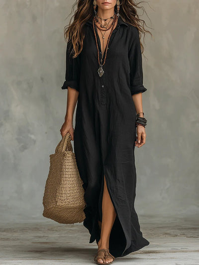 Nora | Vloeiende dames maxi blousejurk met doorknoopsluiting