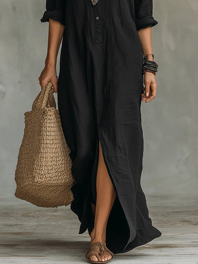 Nora | Vloeiende dames maxi blousejurk met doorknoopsluiting