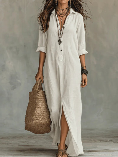 Nora | Vloeiende dames maxi blousejurk met doorknoopsluiting
