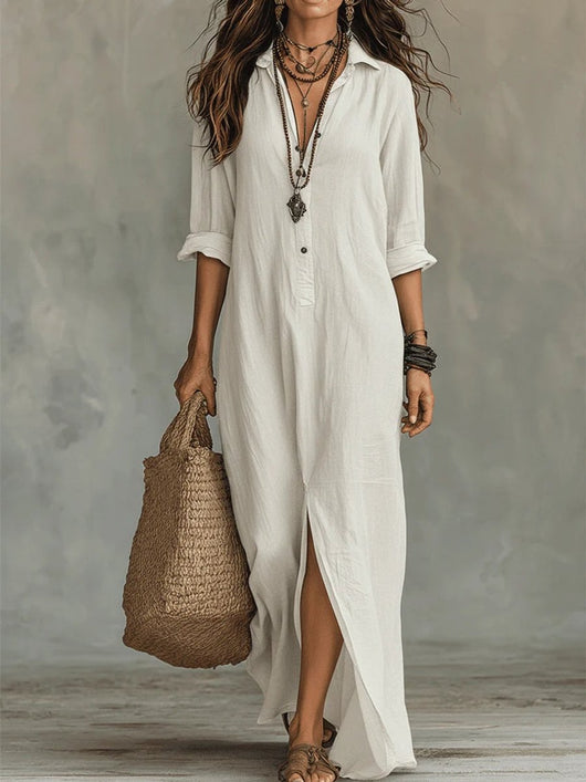 Nora | Vloeiende dames maxi blousejurk met doorknoopsluiting