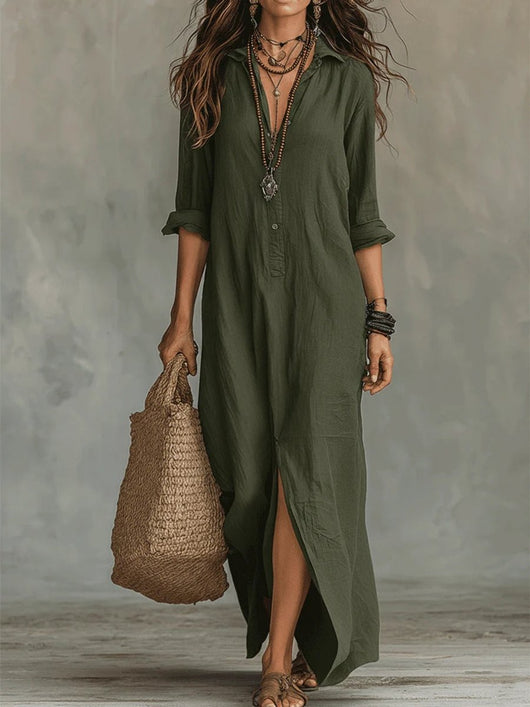 Nora | Vloeiende dames maxi blousejurk met doorknoopsluiting
