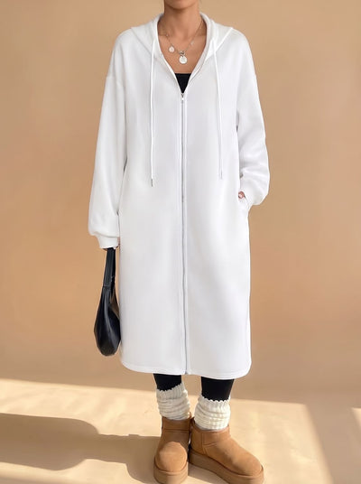 Frieda | Lange dames jas met capuchon, rits en relaxed fit